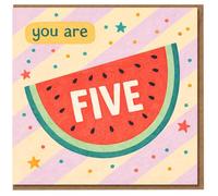 Tarjeta de cumpleaños para niños con texto en inglés "You Are Five Watermelon", rebanada de fruta colorida con estrellas y confeti, tarjeta de 5º cumpleaños para niños