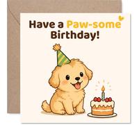 Tarjeta de cumpleaños para perros - Paw-some Birthday Cheer - Adorable cachorro en un sombrero de fiesta con diseño de pastel - 145 mm cuadrado, sobre incluido