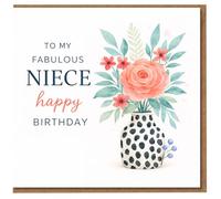 Tarjeta de cumpleaños para sobrina, con texto en inglés «To My Fabulous Niece, Happy Birthday», flores de acuarela en jarrón manchado, tarjeta floral para ella