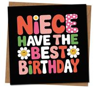 Tarjeta de cumpleaños para sobrina, diseño retro de margaritas, tipografía de color brillante sobre negro, 145 mm x 145 mm, con texto en inglés "Niece Have The Best Birthday", bonita tarjeta de