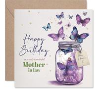 Tarjeta de cumpleaños para suegra, tarro de mariposas, tarjeta de feliz cumpleaños para suegra de hijo e hija, hermosas tarjetas de felicitación de cumpleaños naturales de 145 mm