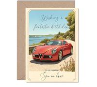 Tarjeta de cumpleaños para yerno - Coche deportivo rojo - Tarjeta de feliz cumpleaños para yerno de madre, padre, papá, 12,7 x 17,8 cm, diseño de paisaje rural
