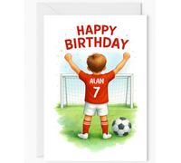 Tarjeta de cumpleaños personalizada de fútbol para niños, kit rojo, nombre personalizado y número de camisa, tarjeta de felicitación para niños, elige el nombre y la edad de tu hijo, tarjeta personal