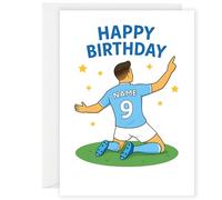 Tarjeta de cumpleaños personalizada del Manchester City, nombre y número personalizados, tarjeta de felicitación de fútbol A5 con sobre, diseño de kit azul cielo para niños, niñas o fanáticos de la
