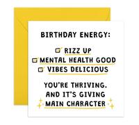 Tarjeta de cumpleaños positiva - "Rizz Up, Mental Health Good Vibes Delicious" - Tarjeta de felicitación para amigos, hermana, hermano, colegas, mejores amigos, amigos, ella, él - Mensaje edificante