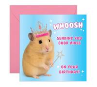 Tarjeta de cumpleaños positiva - Whoosh Good Vibes Hamster - Lindo saludo de mascota para hermana, hermano, pareja, adolescente, colega, mejor amiga, tía, abuela, abuela, novia, niñas, varita mágica
