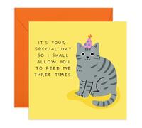 Tarjeta de cumpleaños sarcástica para amantes de los gatos, "It's Your Day Feed Me Three Times", bonita tarjeta de felicitación para mamá y papá peludo, dama de gato, hermana, colega, amigos, vecino