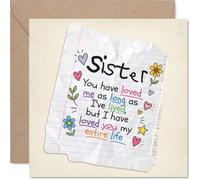 Tarjeta de cumpleaños sentimental para hermana - Una vida de amor de hermanas - Tarjeta caprichosa estilo cuaderno con coloridos garabatos de corazón y flores - 145 mm cuadrado, sobre incluido