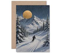 Tarjeta de cumpleaños sincera - Chase Adventure under a Golden Moon - Esquiador deslizándose a través de una noche de montaña nevada - 5 x 7 pulgadas, sobre incluido