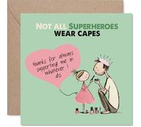 Tarjeta de cumpleaños sincera - Not All Heroes Wear Capes - Dibujos animados juguetones de superhéroes para padre e hija, día del padre, cuadrado de 145 mm, sobre incluido
