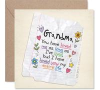 Tarjeta de cumpleaños sincera para abuela, dije inspirado en el cuaderno, garabatos coloridos y nota escrita a mano con corazones y flores, día de la madre, cuadrado de 145 mm, sobre incluido
