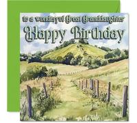 Tarjeta de cumpleaños sincera para bisnieta - Un deseo suave para tu día especial - Paisaje sereno con colinas en colores pastel - cuadrado de 145 mm, sobre incluido