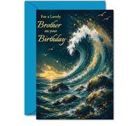 Tarjeta de cumpleaños sincera para hermano, majestuoso paisaje marino con | Dramatic Ocean Wave y Rocky Shore, acabado con elegantes detalles dorados, A5, sobre incluido