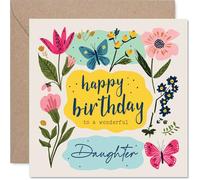 Tarjeta de cumpleaños sincera para hija, flores brillantes y mariposas, diseño floral alegre en rosas y azules, cuadrada de 145 mm, sobre incluido