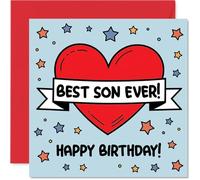 Tarjeta de cumpleaños sincera para hijo - Gran amor de cumpleaños - Diseño de corazón rojo audaz y estrellas juguetonas - rebosante de vibraciones alegres y agradables - cuadrado de 145 mm, sobre