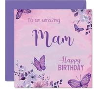 Tarjeta de cumpleaños sincera para mamá, deseos cálidos en rosa suave, mariposas moradas y diseño floral, una manera encantadora de celebrar a una mamá especial, cuadrada de 145 mm, sobre incluido