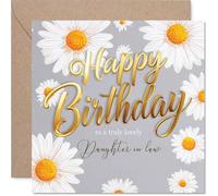 Tarjeta de cumpleaños sincera para nuera, deseos cálidos con un toque de brillo, elegantes margaritas y letras doradas, cuadrada de 145 mm, sobre incluido