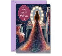 Tarjeta de cumpleaños sincera para primos, brilla en tu día especial, espejo de tocador glamuroso y escena de vestido de noche brillante, A5, sobre incluido