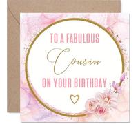 Tarjeta de cumpleaños sincera para primos, celebra a tu fabuloso primo, diseño floral rosa y dorado con un toque de brillo, cuadrada de 145 mm, sobre incluido