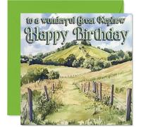 Tarjeta de cumpleaños sincera para sobrino - Warm Wishes and Rolling Hills - Diseño de paisaje sereno en verdes y azules alegres - cuadrado de 145 mm, sobre incluido