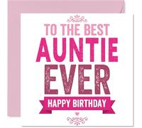 Tarjeta de cumpleaños sincera para tía, con texto en inglés "All the Love on Your Special Day", diseño rosa y blanco con texto en inglés "Best Auntie Ever", cuadrado de 145 mm, sobre incluido
