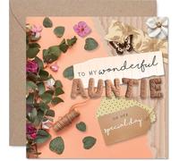 Tarjeta de cumpleaños sincera para tía, un encantador aleteo de mariposas y flores, diseño rosa cálido y verde, día de la madre, cuadrado de 145 mm, sobre incluido