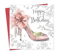 Tarjeta de cumpleaños Twizler con decoración en color plateado, efecto único en acuarela y zapato de tacón rosa, para mujer