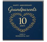 Tarjeta de décimo aniversario para abuelos, elegante corona de corazón de hoja azul marino y dorada, feliz aniversario, abuelos, 10 años, ten un día maravilloso