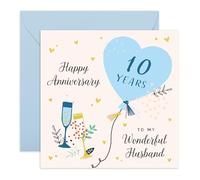 Tarjeta de décimo aniversario para marido - Regalos para él, cónyuge, pareja, señor, Hun, Lovebug, Darling, Sweetheart, hombres - Diez años abajo, globo de corazón azul - Viene con calcomanías