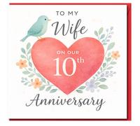 Tarjeta de décimo aniversario para mi esposa, corazón rojo con flores pastel y pájaro azul, tarjeta romántica de hito