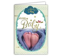 Tarjeta de felicitación a los padres, bienvenida a bebé, niño azul y dorado con pies desnudos, estrellas, corazones bonitos, fabricada en Francia