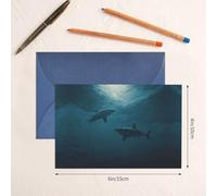 Tarjeta de felicitación azul con diseño de cuadros en blanco y perlas, hermoso bloque de notas en blanco VVXBHGR, diseño de tiburones en el mar