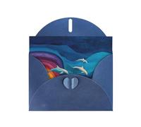 Tarjeta de felicitación azul con diseño de cuadros en blanco y perlas, hermoso bloque de notas en blanco VVXBHGR, patrón de delfines y ondas arcoíris