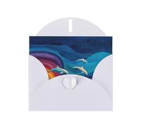 Tarjeta de felicitación blanca con diseño de cuadros en blanco y perlas, hermoso bloque de notas en blanco VVXBHGR, patrón de delfines y ondas arcoíris