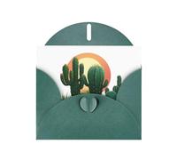 Tarjeta de felicitación con estampado de cactus WHJSHOP antes del atardecer, color verde oscuro, papel nacarado de doble cara, con hebilla de amor, sobre de papel perlado