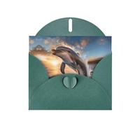 Tarjeta de felicitación con estampado de delfín saltando de WHJSHOP verde oscuro, papel nacarado de doble cara, con hebilla de amor, sobre de papel perlado