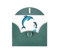 Tarjeta de felicitación con estampado de delfines y sirenas de WHJSHOP verde oscuro, papel nacarado de alta gama, doble cara, efecto perlado, hebilla de amor, sobre de papel perlado