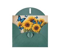 Tarjeta de felicitación con estampado de girasoles amarillos WHJSHOP de color verde oscuro con mariposas azules, papel nacarado de doble cara, con hebilla de amor, sobre de papel perlado
