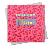 Tarjeta de felicitación con texto en inglés "Happy Birthday Mum", flores rosas, con texto laminado en oro brillante