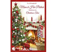 Tarjeta de felicitación con texto en inglés "To A Wonderful Mum & Her Partner with Love at Christmas Time"