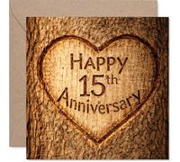 Tarjeta de felicitación de 15 aniversario con corazón tallado en madera para un 15º aniversario atemporal, una manera cálida de marcar años juntos, cuadrado de 145 mm, sobre incluido