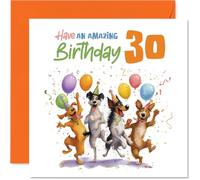 Tarjeta de felicitación de 30 cumpleaños con texto en inglés "Bursting with Birthday Cheer", cuatro perros vivos y globos coloridos en una escena festiva, cuadrada de 145 mm, sobre incluido