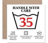 Tarjeta de felicitación de 35 cumpleaños con texto en inglés «Handle With Care» (instrucciones de cuidado divertido), diseño humorístico con 35 diseños - Cuadrado de 145 mm, sobre incluido