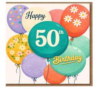 Tarjeta de felicitación de 50 cumpleaños con globos coloridos con detalles florales, diseño audaz de "Happy 50th Birthday", felicitación de los 50 años