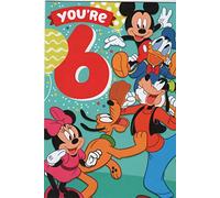 Tarjeta de felicitación de 6º cumpleaños (6 años) con Mickey Mouse, Donald Duck, Minnie Mouse, Goofy y Pluto: Eat Some Cake and Shout Hooray, a Certain Someone's Six Today! Happy Birthday