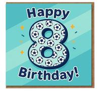 Tarjeta de felicitación de 8º cumpleaños con diseño de número 8 de fútbol, divertida tarjeta de felicitación azul para niños de 8 años
