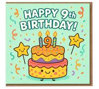 Tarjeta de felicitación de 9º cumpleaños, bonito pastel con velas y estrellas, diseño colorido de confeti para niños, 9 años