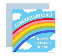 Tarjeta de felicitación de arco iris, con texto en inglés "Proud of You", arco colorido con nubes, saludo de aliento para hijo, hija, estudiante, amigo, colega, graduados, incluye calcomanías