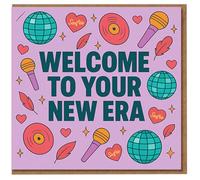 Tarjeta de felicitación de bienvenida a tu nueva era, diseño de bolas de discoteca, vinilo, micrófonos y corazones, divertido tema de música pop para nuevo trabajo, graduación o nuevo comienzo