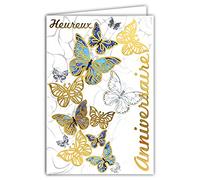 Tarjeta de felicitación de cumpleaños con mariposas azules y negros y dorados